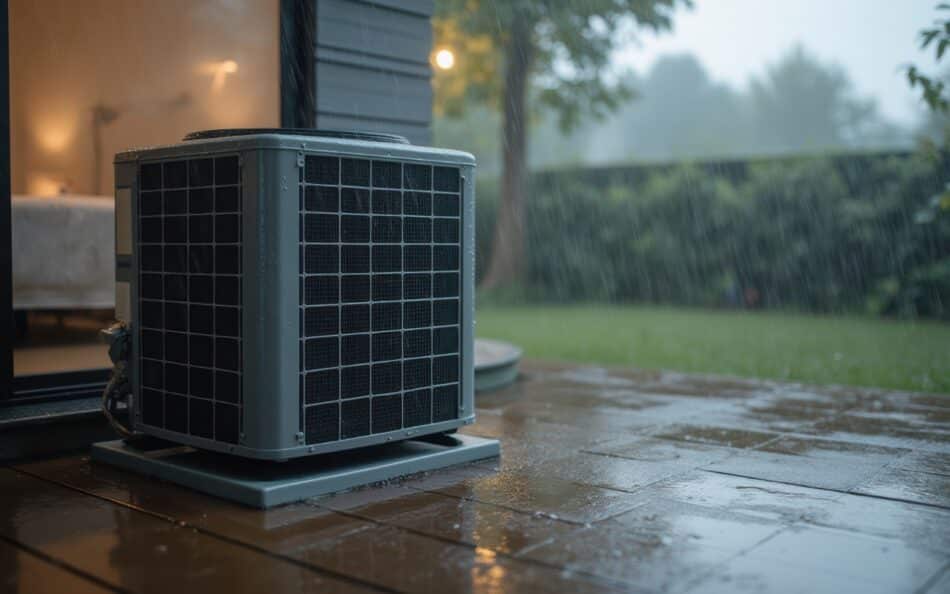 Outdoor HVAC unit exposed to heavy rain during storm