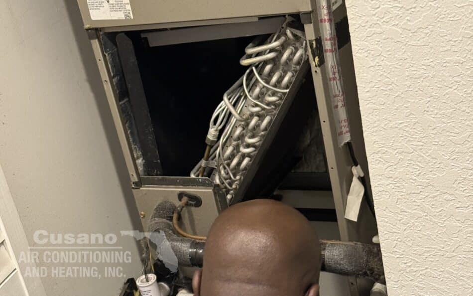 Technician inspecting an open air handler coil.