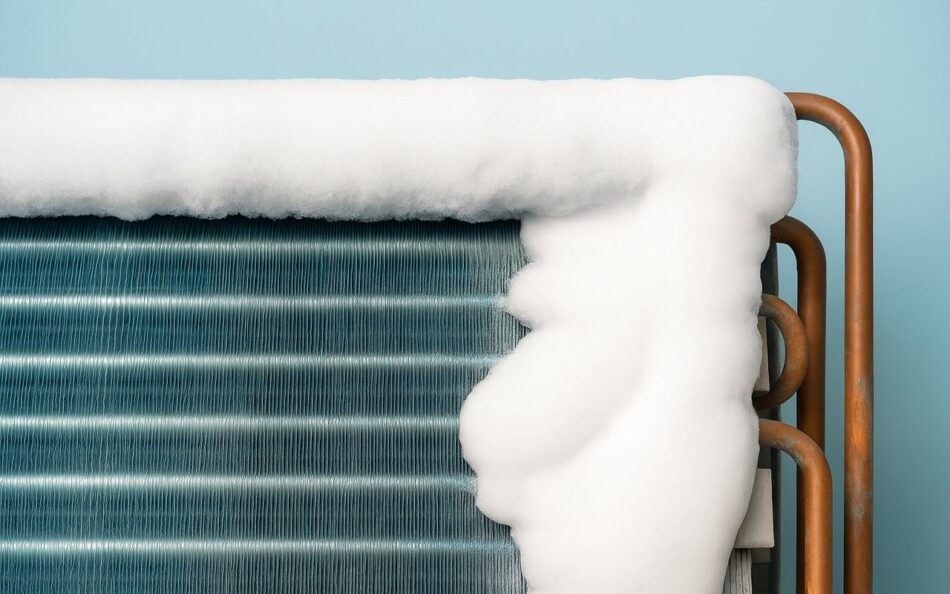 Close-up of a frozen AC evaporator coil covered in ice.