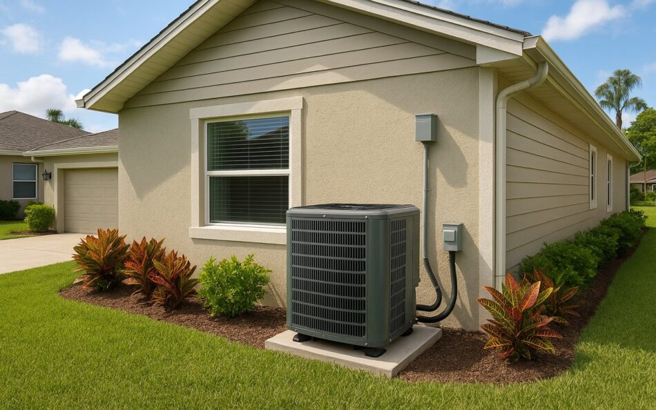 Upgraded AC unit installed outside a modern Florida home with fresh landscaping.