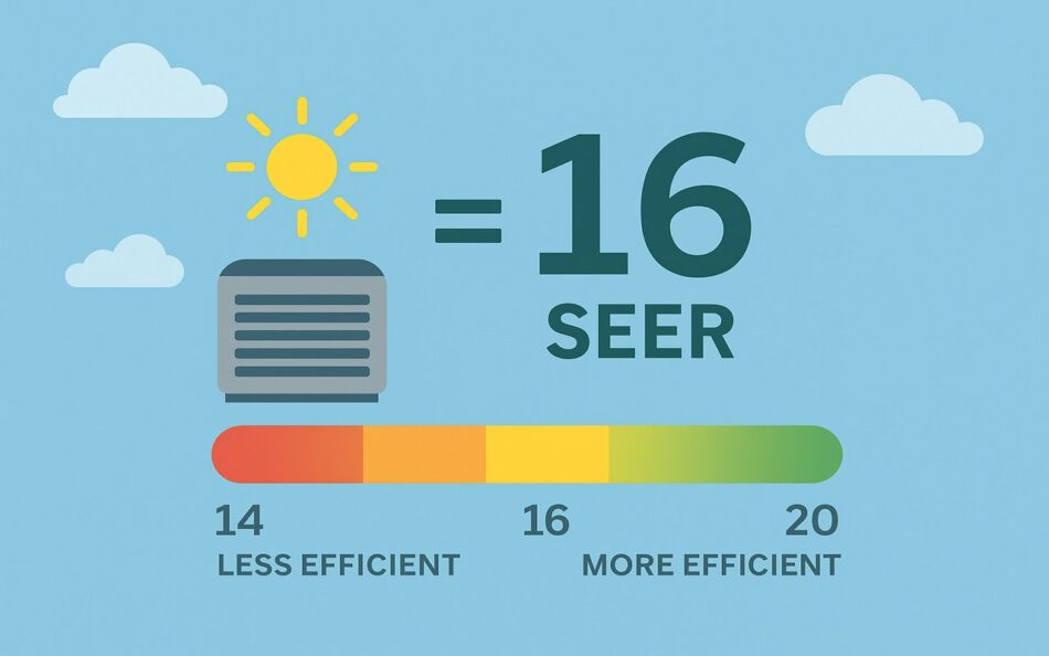 Infographic illustrating SEER rating scale from less efficient to more efficient for AC systems.