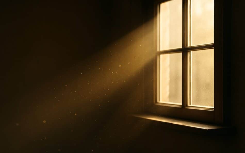 Sunbeam shining through a window, illuminating dust particles suspended in indoor air