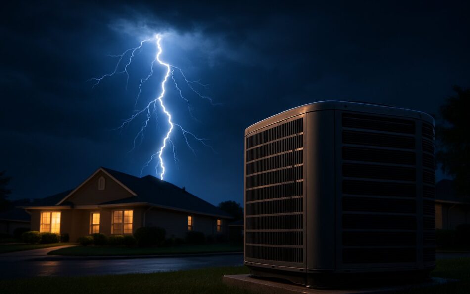 Lightning bolt striking near a South Florida home with an outdoor AC unit in the foreground.