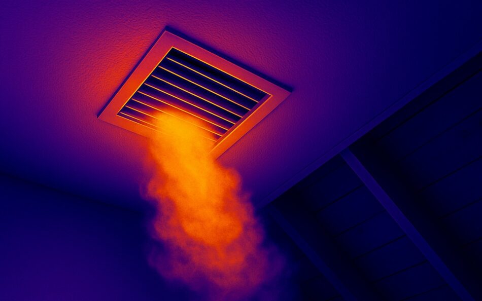 Infrared thermal image of a ceiling vent releasing a bright orange plume of cool air into a purple-tinted attic space.