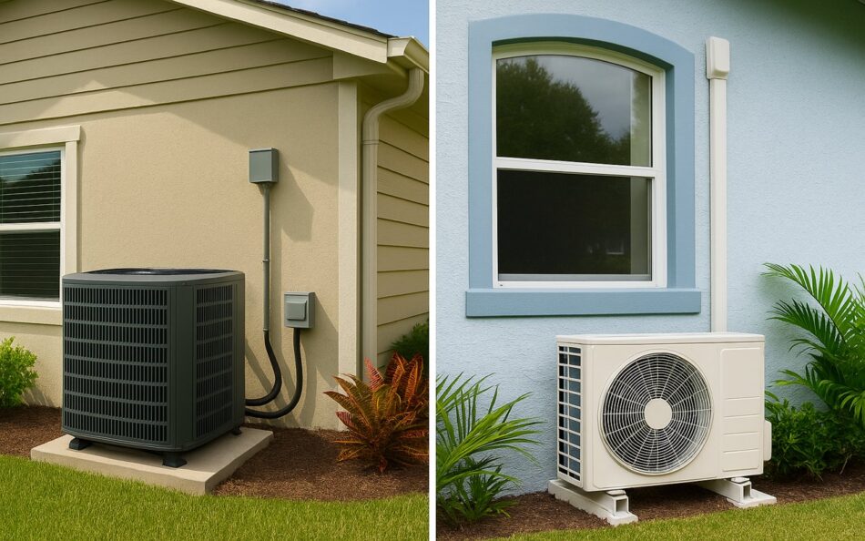 Side-by-side view of different air conditioning units next to homes of various sizes.