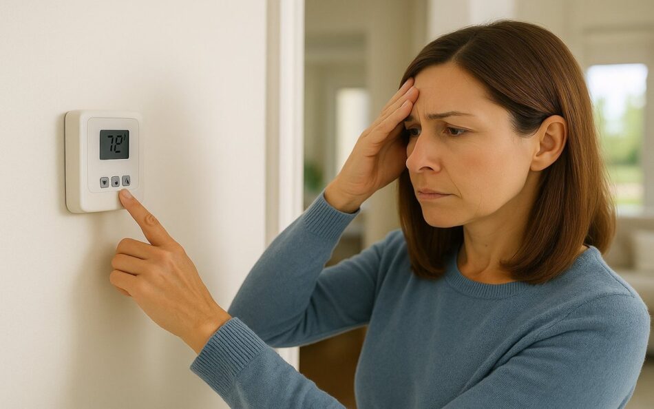 Woman checking a digital thermostat on the wall in a modern living room.