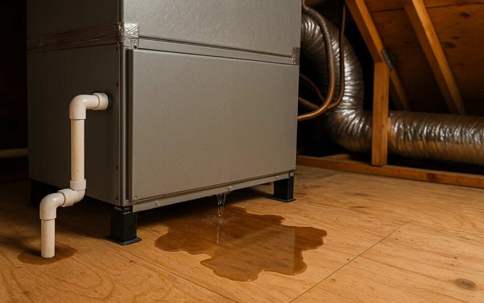 Attic AC unit with visible water leakage beneath the system