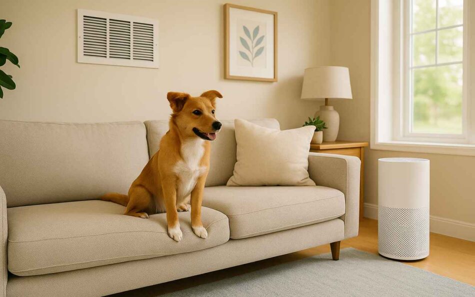 Dog lying on living room rug next to air vent during daylight